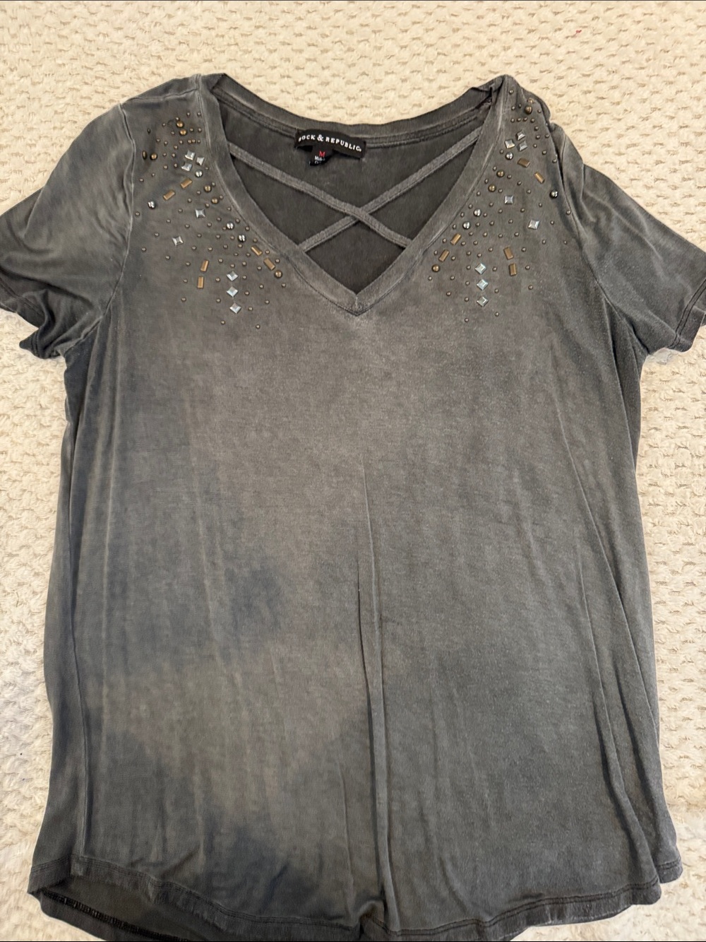 Rock & Republic Gray Crisscross V-Neck Tee with Stud Accents